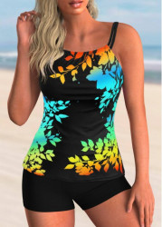 Modlily Rainbow-Color Leaf Print Tankini Swimsuit Spaghetti Strap Leaf Print Tankini Set - S