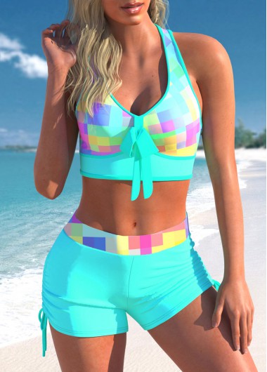 Modlily Rainbow Color Plaid Bowknot Cross Strap Bikini Set - XXL