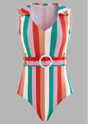 Modlily Rainbow Stripe Belted Turndown Collar One Piece Swimwear - M