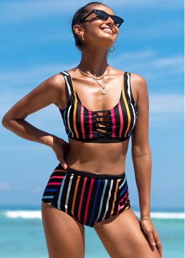 Modlily Rainbow Stripe Ladder Cutout Bikini Set - S