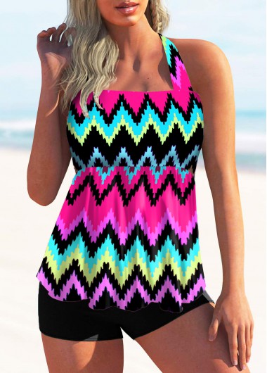 Modlily Rainbow Stripe Tie Back Halter Tankini Set - S