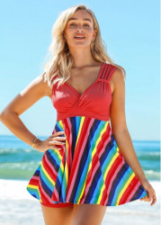 Modlily Rainbow Stripe Wide Strap Mid Waist Swimdress and Shorts - XL