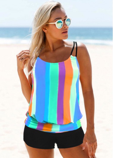 Modlily Rainbow Striped Adjustable Strap Blouson Tankini Swimsuit With Shorts Spaghetti Strap Tankini Set - S