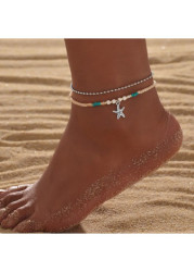 Modlily Raw White Starfish Alloy Beaded Anklet Set - One Size