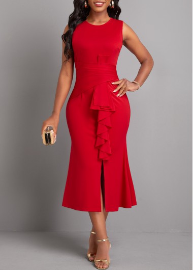 Modlily Red Asymmetry Sleeveless V Neck Bodycon Dress - S