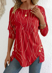 Modlily Red Button Geometric Print Long Sleeve T Shirt - S