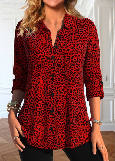 Modlily Red Button Leopard Long Sleeve Shirt Collar Blouse - S