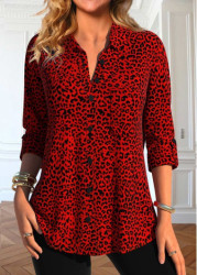 Modlily Red Button Leopard Long Sleeve Shirt Collar Blouse - S