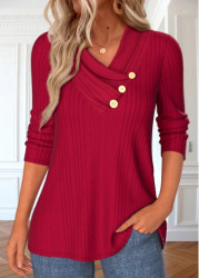 Modlily Red Button Long Sleeve V Neck T Shirt - S