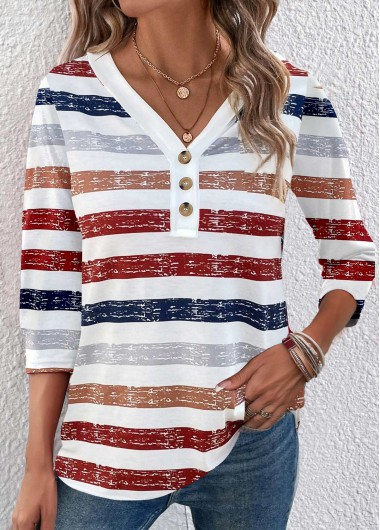 Modlily Red Button Multi Stripe Print 3/4 Sleeve T Shirt - S