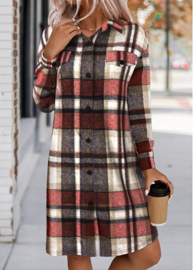 Modlily Red Button Plaid A Line Long Sleeve Dress - M