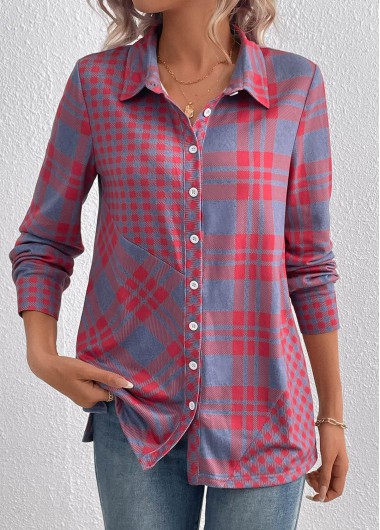 Modlily Red Button Plaid Long Sleeve Shirt Collar Blouse - S