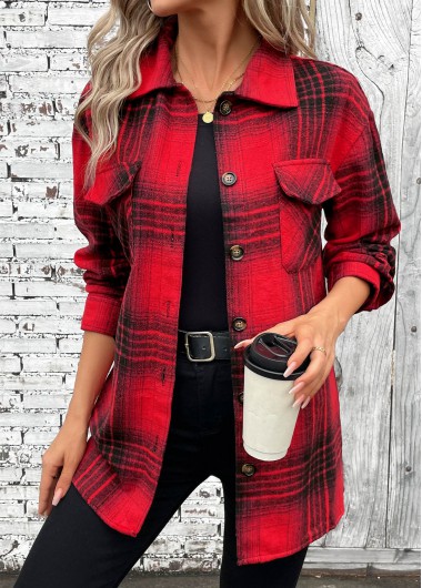 Modlily Red Button Plaid Long Sleeve Turn Down Collar Shirt - M