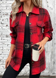 Modlily Red Button Plaid Long Sleeve Turn Down Collar Shirt - M