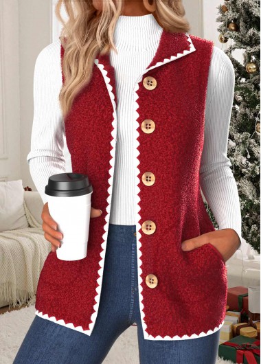 Modlily Red Button Sleeveless Stand Collar Waistcoat - S