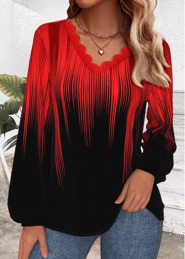 Modlily Red Embroidery Ombre Long Sleeve V Neck T Shirt - S