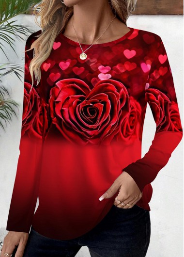 Modlily Red Floral Print Long Sleeve T Shirt - S