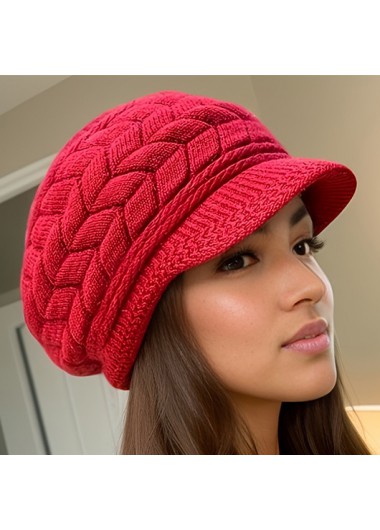 Modlily Red Knitted Fleece Acrylic Detail Hat - One Size