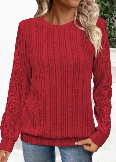 Modlily Red Lace Long Sleeve Round Neck Sweatshirt - M