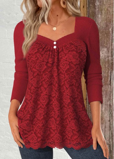 Modlily Red Lace Long Sleeve Square Neck T Shirt - M