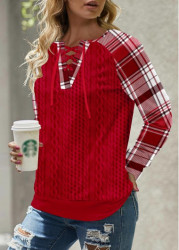 Modlily Red Lace Up Plaid Long Sleeve Split Neck Sweatshirt - S