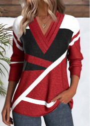 Modlily Red Patchwork Geometric Print Long Sleeve T Shirt - M