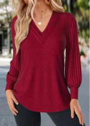 Modlily Red Patchwork Long Sleeve V Neck T Shirt - S