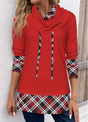 Modlily Red Patchwork Plaid Long Sleeve Cowl Neck Sweatshirt - S