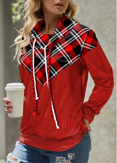 Modlily Red Patchwork Plaid Long Sleeve Cowl Neck Sweatshirt - XXL