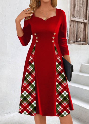 Modlily Red Patchwork Plaid Long Sleeve Heart Collar Dress - S