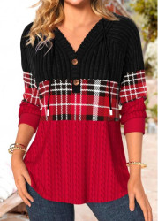 Modlily Red Patchwork Plaid Long Sleeve Hoodie - S