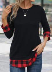 Modlily Red Patchwork Plaid Long Sleeve Round Neck T Shirt - S