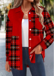 Modlily Red Patchwork Plaid Long Sleeve Shirt Collar Corduroy Jacket - XL