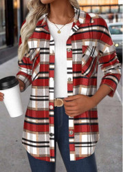 Modlily Red Patchwork Plaid Long Sleeve Turn Down Collar Coat - S