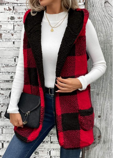 Modlily Red Patchwork Plaid Sleeveless Hooded Waistcoat - S