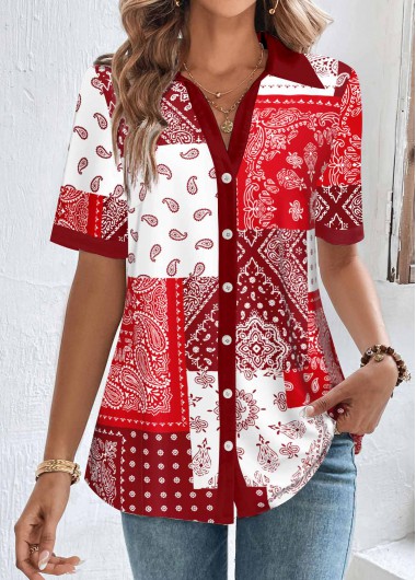 Modlily Red Patchwork Short Sleeve Shirt Collar Blouse - M