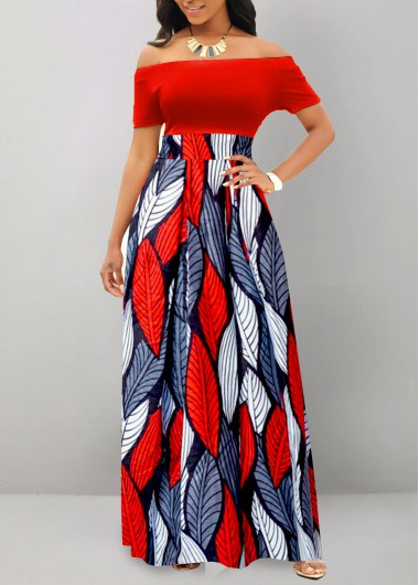 Modlily Red Patchwork Tribal Print Short Sleeve Maxi Dress - M