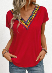 Modlily Red Patchwork Tribal Print Short Sleeve T Shirt - M