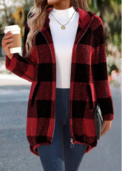 Modlily Red Plaid Long Sleeve Hooded Coat - S