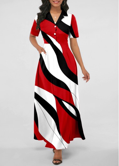 Modlily Red Pocket Geometric Print Short Sleeve Maxi Dress - M