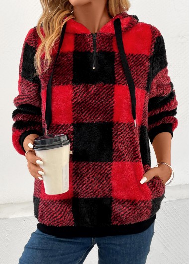 Modlily Red Pocket Plaid Long Sleeve Hooded Sweatshirt - S