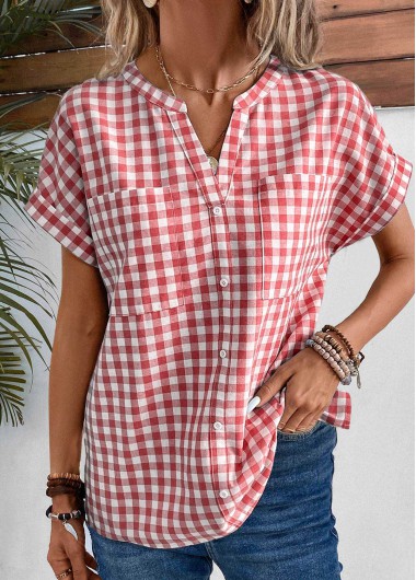 Modlily Red Pocket Plaid Short Sleeve Split Neck Blouse - S