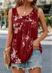 Modlily Red Ruched Floral Print Tank Top - S