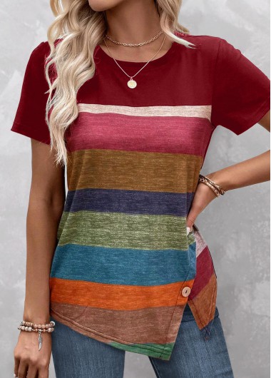 Modlily Red Split Striped Short Sleeve T Shirt - S