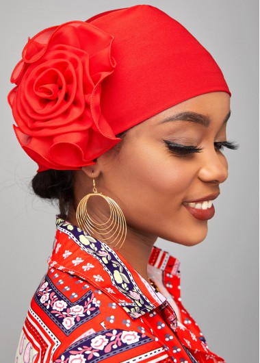 Modlily Red Stereo Flower Design Turban Hat - One Size