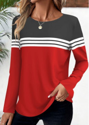 Modlily Red Striped Long Sleeve Round Neck T Shirt - S