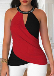 Modlily Red Surplice Sleeveless Halter Tank Top - XXL