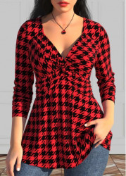 Modlily Red Twist Geometric Print Long Sleeve T Shirt - S