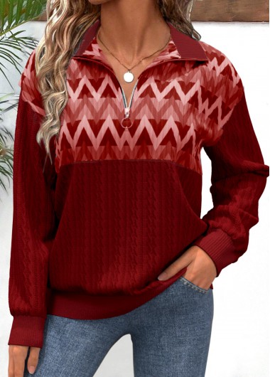 Modlily Red Zipper Geometric Print Long Sleeve V Neck Sweatshirt - S