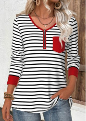 Modlily Red Zipper Striped Long Sleeve V Neck T Shirt - M